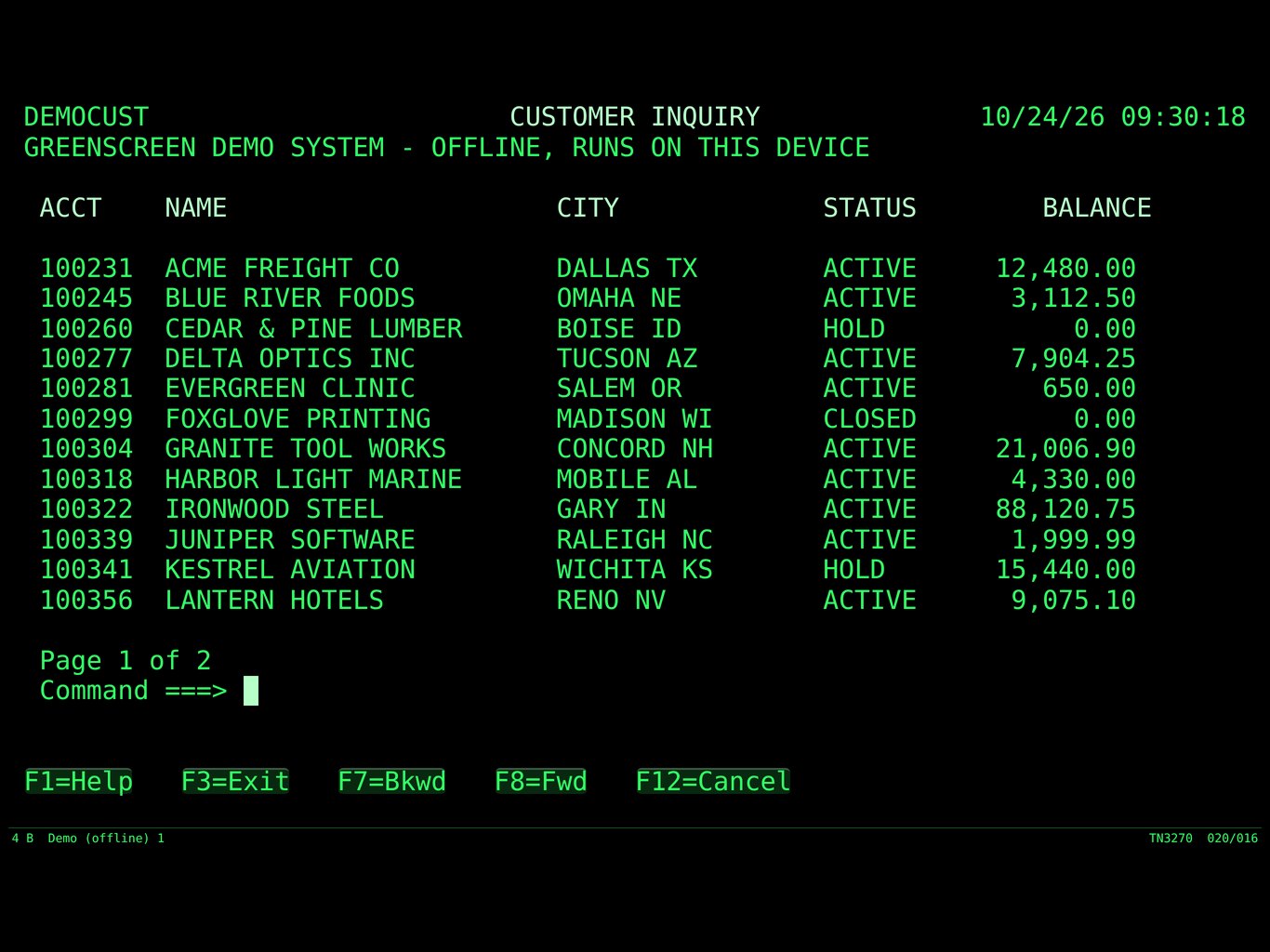 Greenscreen 3270 showing a 3270 customer inquiry screen from its built-in offline demo host
